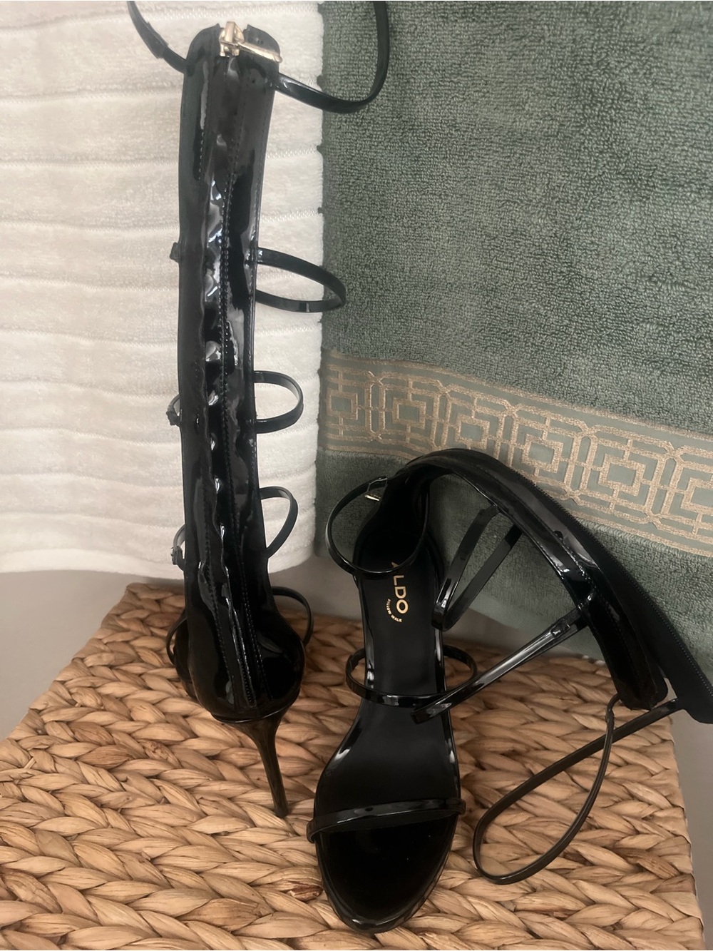 Aldo Black Patent Strappy Knee-High Stiletto Heels - Picture 2 of 3